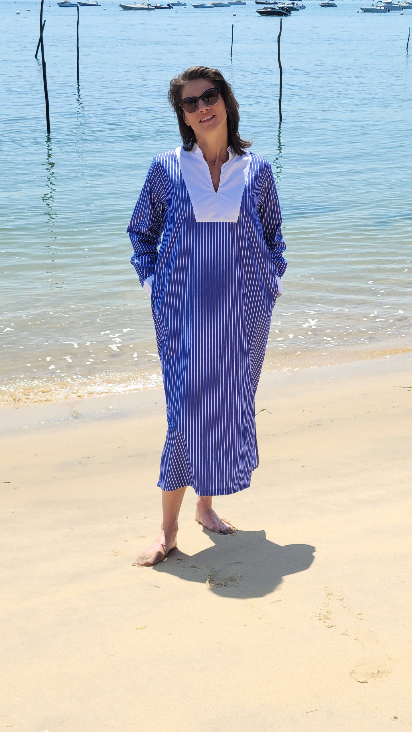 Robe Longue Chemise Col Mao en Coton "SONIA" — Chic & Confortable