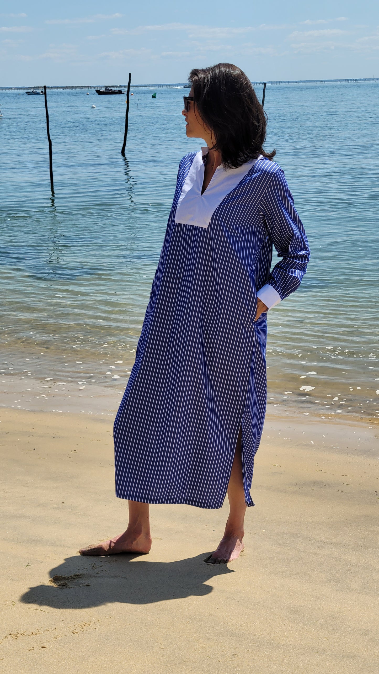 Robe Longue Chemise Col Mao en Coton "SONIA" — Chic & Confortable