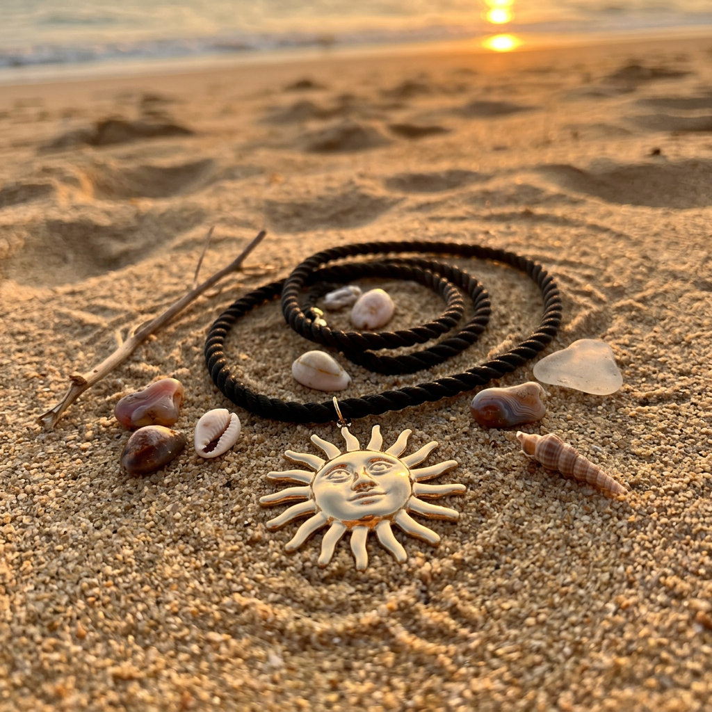 Collier cordon noir torsadé avec pendentif soleil doré, présenté sur du sable