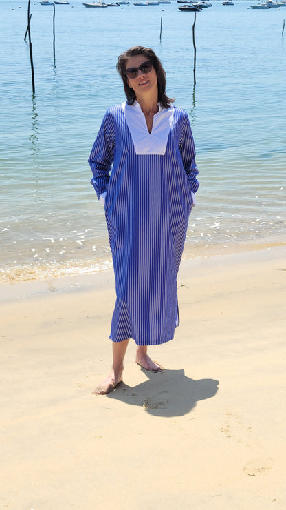 Robe Longue Chemise Col Mao en Coton "SONIA" — Chic & Confortable