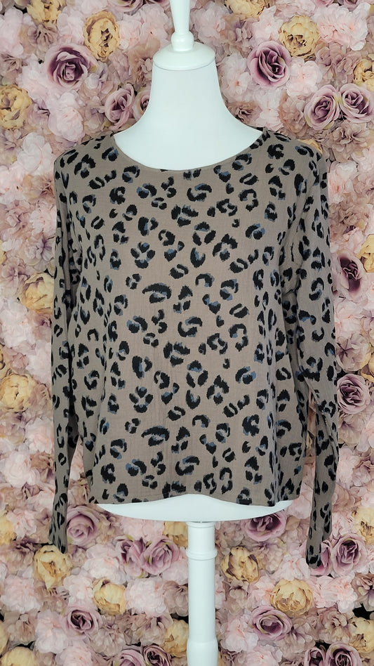 Blouse LEO – Gaze de coton imprimé léopard taupe et noir