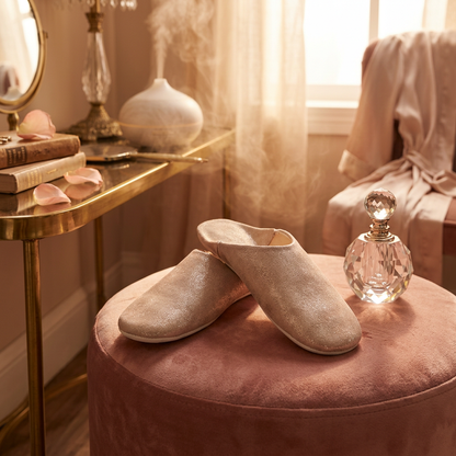 Babouches à paillettes rose doré sur pouf velours, ambiance boudoir