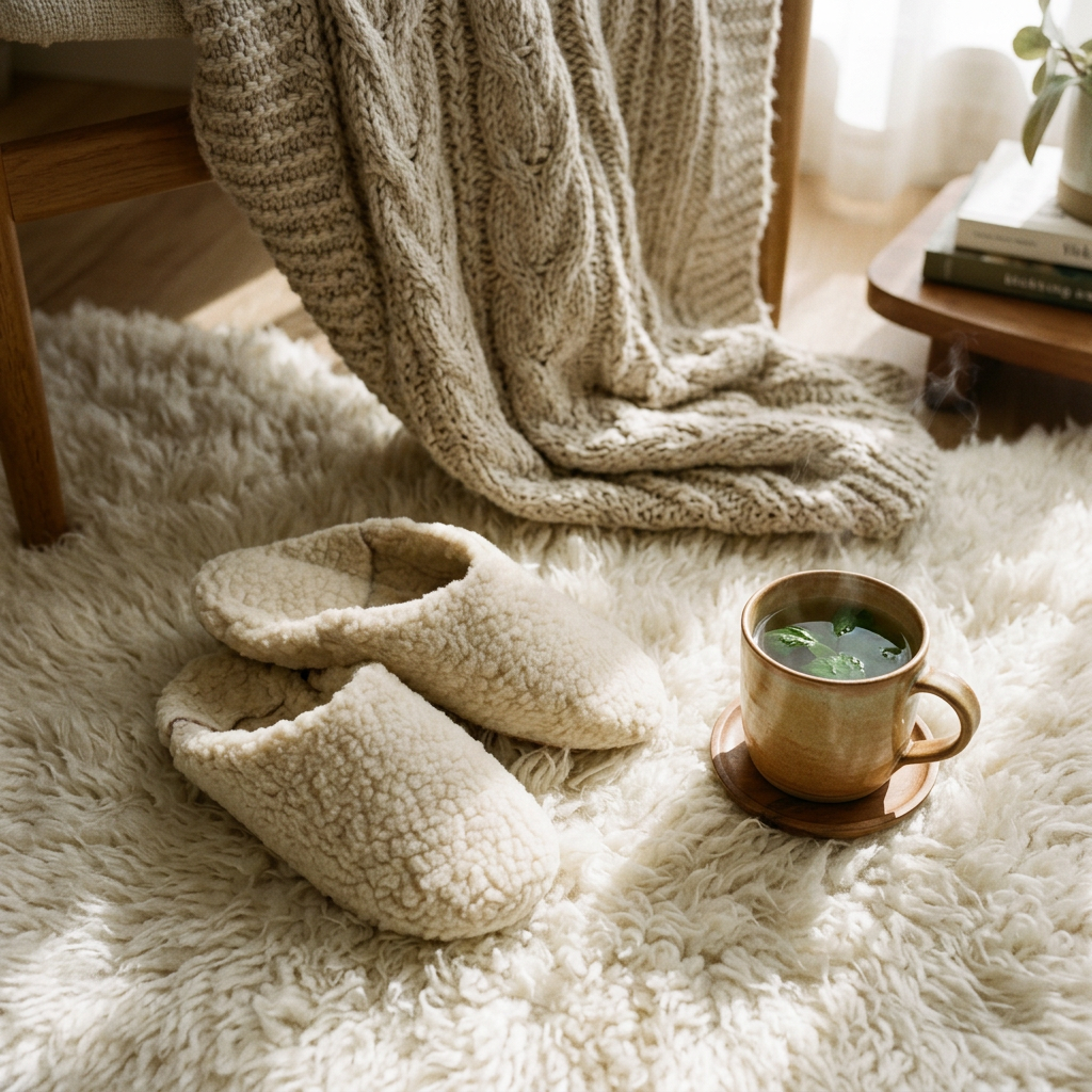 Babouches en peau duveteuse, scène cocooning avec thé à la menthe