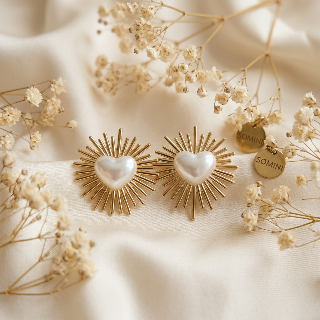 Boucles d'oreilles cœur en nacre, présentées sur soie ivoire et fleurs séchées